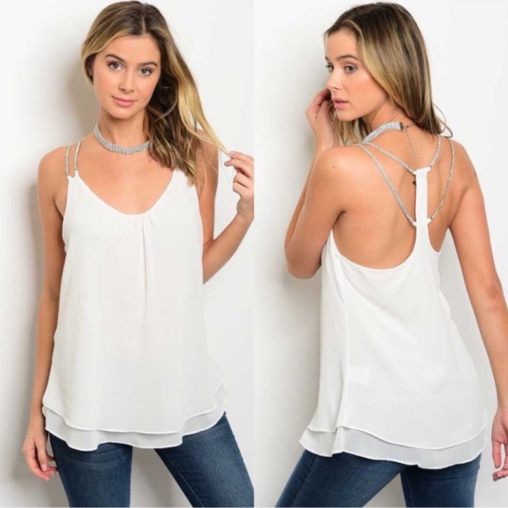 White Chiffon Rhinestone Double Straps Flowy Top
